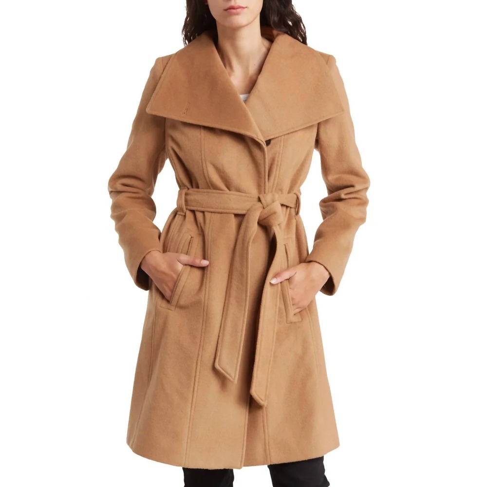 Michael Kors Camel Coat Wool Blend Shawl Collar Belted Wrap Classic Luxe Chic XS